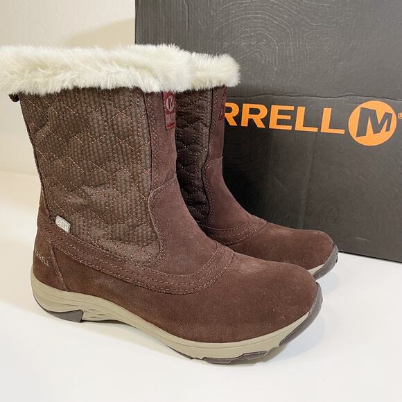 NWT Merrell Womens Suede Ryeland Tall Polar Waterproof Boot Espresso Brown Sz 6 - Picture 1 of 9
